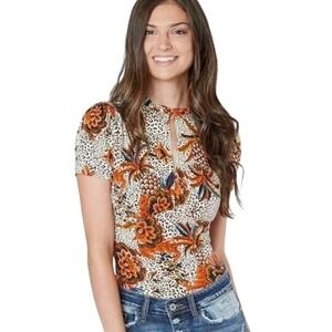 Free People Mixed Leopard Floral Keyhole Hear Me Roar Top Medium